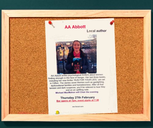 A flyer for AA Abbott's free author talk ta Clifton Library on February 27th at 7.30pm. Love your local library.